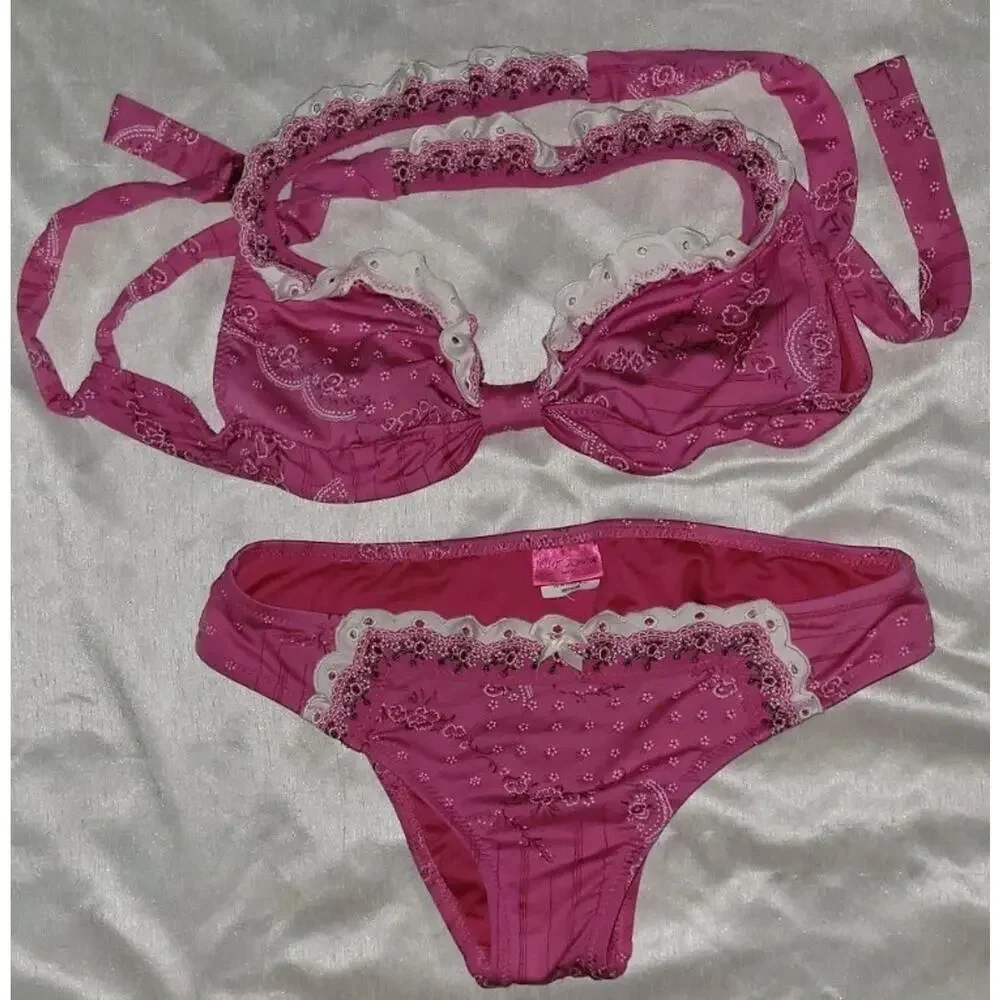 VINTAGE BESTSEY JOHNSON PINK RUFFLE CUPCAKE COWBOY BIKINI! X TOP (S) & (M) BOTTM